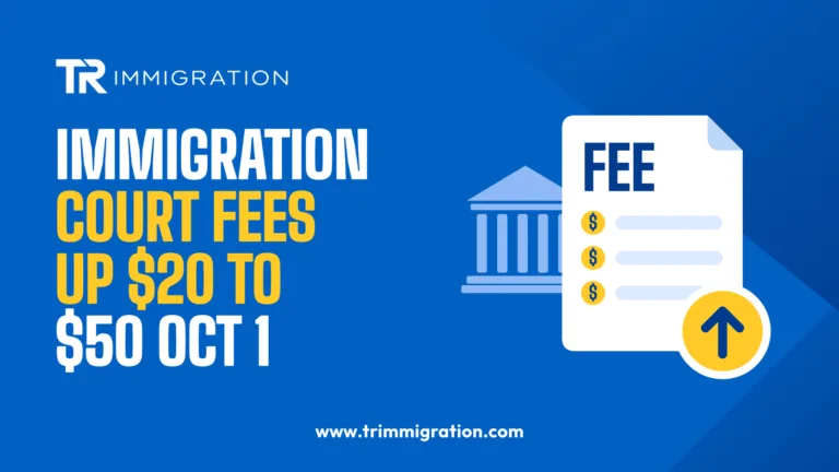 Government form with a fee line, dollar coins and an upward arrow in front of a courthouse, showing immigration court fees rising on October 1