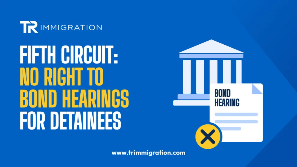 Courthouse and a bond hearing document marked denied, illustrating the Fifth Circuit ruling on bond hearings for detained immigrants