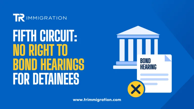 Courthouse and a bond hearing document marked denied, illustrating the Fifth Circuit ruling on bond hearings for detained immigrants
