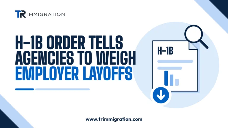H-1B document with a magnifying glass, a falling bar chart and a down arrow, showing agencies reviewing employer layoffs in H-1B cases