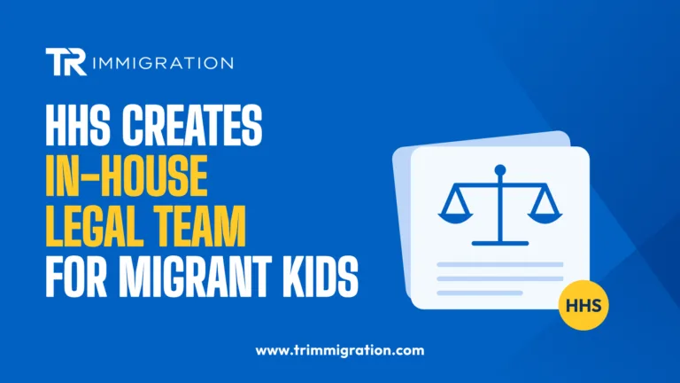 Scales of justice on a document with an HHS badge, illustrating the new HHS legal team for unaccompanied migrant children