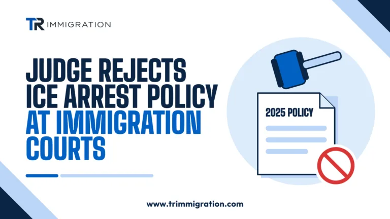 Gavel above a document labeled 2025 POLICY with a red prohibition sign, showing a judge rejecting the ICE arrest policy at immigration courts