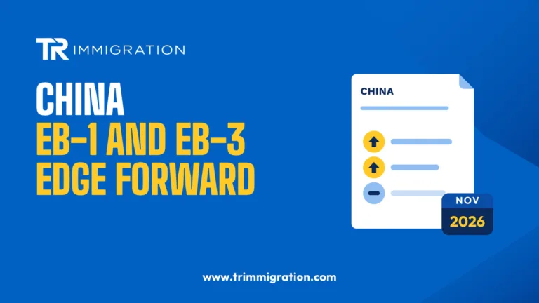 Illustration of a visa bulletin document with China employment dates and a November 2026 calendar tab