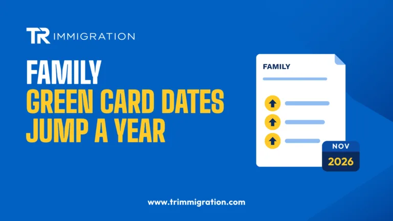 Illustration of a family green card visa bulletin document with upward arrows and a November 2026 calendar tab