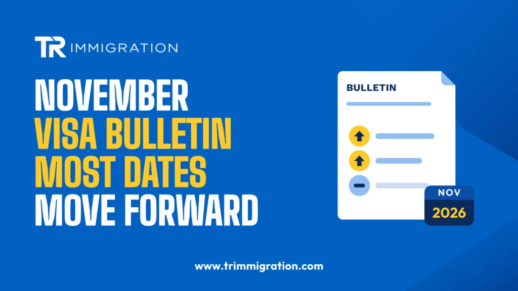 Illustration of a visa bulletin document with up arrows and a November 2026 calendar tab