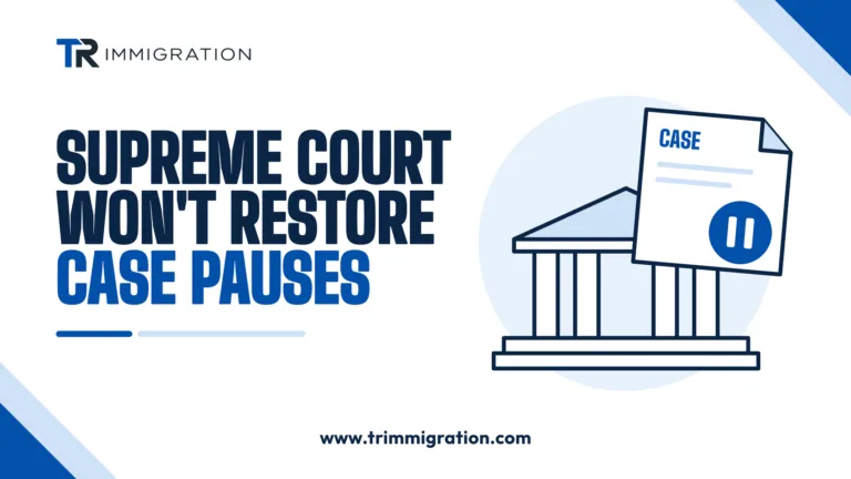 Courthouse with a case document marked with a pause symbol, headline: Supreme Court won't restore case pauses