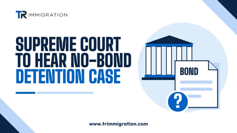 Courthouse with columns beside a document labeled BOND and a question mark badge, showing the Supreme Court taking up a no-bond detention case