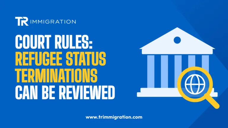 Illustration of a courthouse with a magnifying glass over a globe, representing court review of refugee status terminations