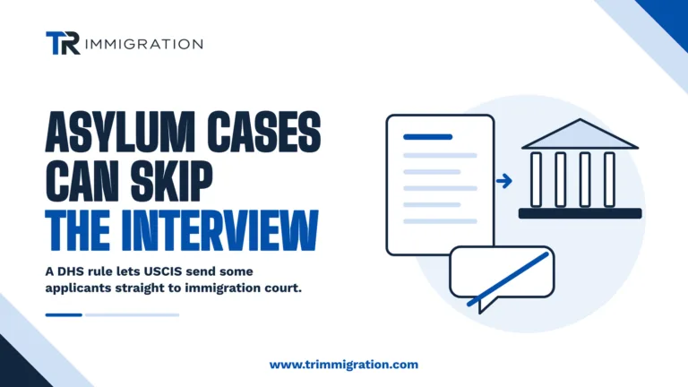 Illustration of an immigration court building representing the DHS rule that lets USCIS refer asylum cases without an interview