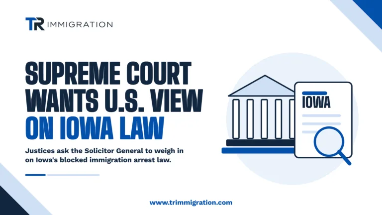 Illustration of the Supreme Court building for the Iowa immigration law case where justices asked the Solicitor General for the federal view