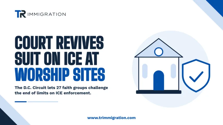 Illustration of a house of worship with a shield for the D.C. Circuit ruling on ICE enforcement at houses of worship
