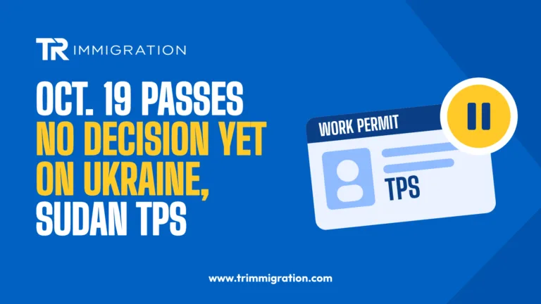 Work permit card labeled TPS with a pause symbol, illustrating Ukraine and Sudan TPS continuing with no decision after October 19